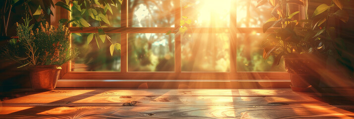 empty  wooden table in front of a window with sunlight in  kitchen, banner design