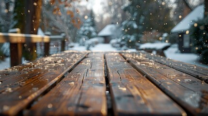 Wall Mural - The empty wooden table top with blur background of winter forest