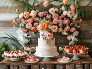 Canvas Print - wedding cake with flowers and fruits on a wooden table.