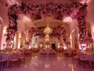 Wall Mural - Interior of a restaurant decorated with flowers and candles. Wedding decor