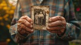 Fototapeta  - Close-up of a senior man's hands holding a family photograph, with a blurred background to symbolize fading memories