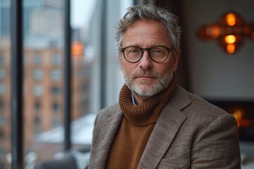 Sticker - An experienced executive wears a smart casual jacket and sweater, with the city skyline visible from the office windows behind him.