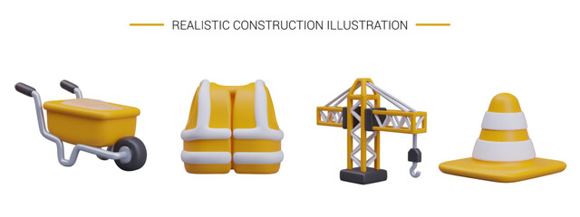 Wall Mural - Set of realistic construction icons. Filled wheelbarrow, signal vest, lifting crane, traffic cone