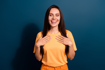 Sticker - Portrait of peaceful nice woman with straight hairdo wear stylish t-shirt eyes closed arms on chest isolated on dark blue color background