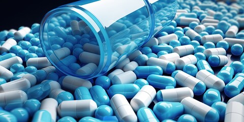 Poster - Blue-white antibiotic capsule pills spread out of plastic drug bottles. Antibiotic drug resistance. Prescription drugs. Healthcare and medicine. Pharmaceutical industry. Pharmacy product. Medication