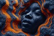 a woman with black face and orange and blue waves