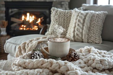 Canvas Print - Cup of hot cocoa with marshmallows on sofa in living room