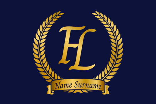 Initial letter F and L, FL monogram logo design with laurel wreath. Luxury golden calligraphy font.