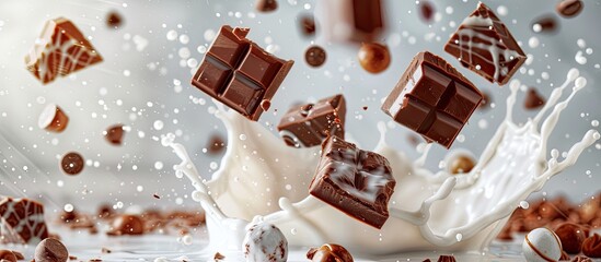 Wall Mural - Chocolate cubes are falling into a milk splash, creating a creamy and indulgent scene filled with deliciousness.