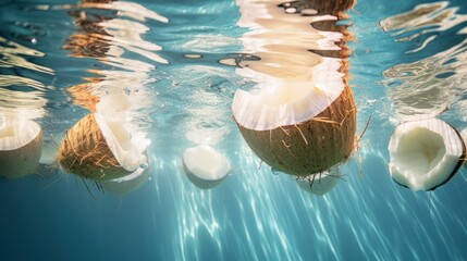 Underwater perspective dividing a coconut against a lush tropical background.