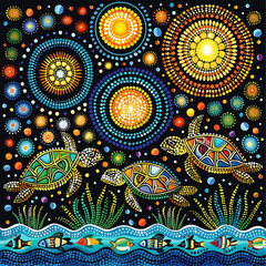 Wall Mural - Australian Aboriginal dot painting style art landscape with a river, fish and turtles.