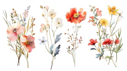 Wall Mural - Set watercolor flowers painting, floral vintage bouquet illustrations with wildflowers and leaves. Decoration for poster, greeting card, birthday, wedding design. Isolated on white. Generative Ai