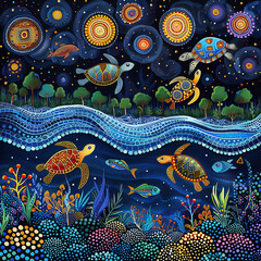 Wall Mural - Australian Aboriginal dot painting style art landscape with a river, fish and turtles.