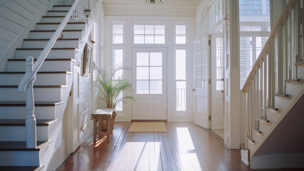 Wall Mural - Interior of a modern house with white walls and wooden stairs.