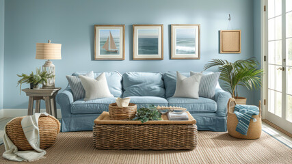 Wall Mural - Interior of modern living room with blue sofa and wicker basket