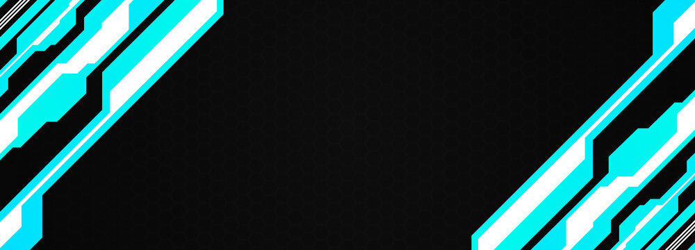 Abstract geometrical cyber tech metaverse digital web 3 horizontal dark banner design template blank with place for text . Geometrical cyan blue neon sci fi cyberpunk shapes interface hud hui