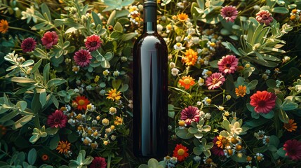 Canvas Print - black bottle of red wine, without label, standing on the grass, surrounded by flowers