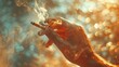Detailed focus on a hand holding a lit cigarette, smoke rising gracefully.
