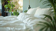 White pillow on bed decoration in bedroom interior - Vintage Light Filter effect