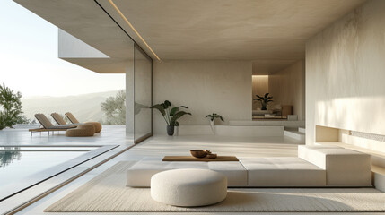 Poster - serene living space with minimalist design, opening to a tranquil pool and embracing nature