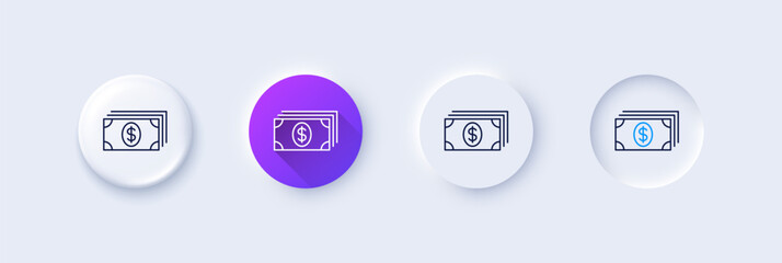 Wall Mural - Cash money line icon. Neumorphic, Purple gradient, 3d pin buttons. Banking currency sign. Dollar or USD symbol. Line icons. Neumorphic buttons with outline signs. Vector