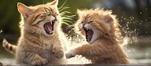 Two Cats Engaging In Playful Antics, Chasing, Pouncing, And Wrestling With Each Other In A Lively And Humorous Manner. Their Tails Are Held High, And Their Ears Are Perked Up In Excitement.
