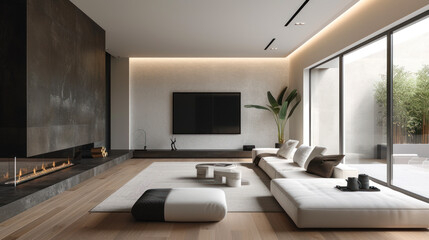 Poster - Elegant Minimalist Living Room with Modern Fireplace and Design