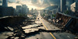 Destroyed city of the destroyed war Generative AI, View of an asphalt road in the middle of an urban area with buildings that have collapsed due to natural disasters generative ai
