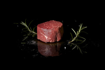 A piece of meat is on a black background with some herbs