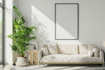 A living room featuring a couch and a potted plant against a neutral background