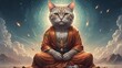 Buddhist cat, animal worship, funny illustration of a cat with folded paws. Concept: Religious sketch, meditative kitten, inspiration and spiritual growth. neutral background