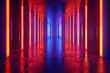 A long hallway illuminated by red and blue lights, creating a striking visual contrast