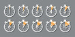 set of timer symbols, 1 to 10 minutes stopwatch symbol, white and orange design elements on grey background, vector icon set