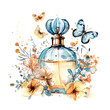 © 1emonkey - a beautiful perfume bottle with roses in the glamour style, golden glitter watercolor illustration on white background