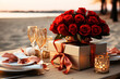 Beautiful table setting with red rose bouquet , on the beach for Saint valetnines day, date, anniversary romantic celebration