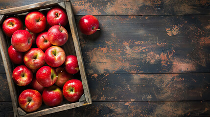 Wall Mural - Top view of whole fresh red ripe organic delicious apples in wooden box on wooden table with copy space - AI Generated