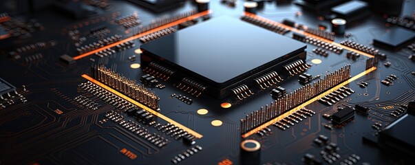 Poster - PU chip on circuit board. Black motherboard with central processor chip. Computer hardware tecnology
