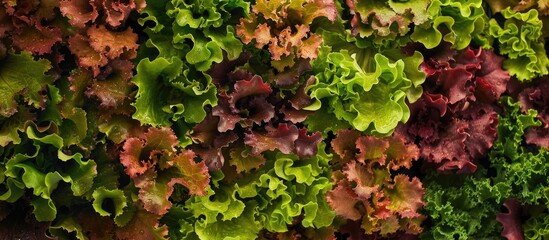 Canvas Print - Close-up view of a wall of green and red lettuce leaves growing tightly together in a garden. The contrast between the vibrant green and deep red hues create a visually striking display of different