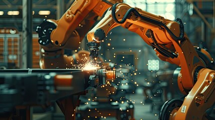 Wall Mural - a robotic arm meticulously welds together steel assembly joint connection parts, emitting sparks and intense heat in a manufacturing facility.