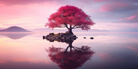 Poster - Vibrant pink foliage of a lone tree stands on a small rocky island, reflected in the calm lake