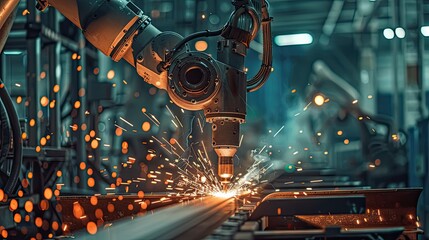 Wall Mural - a robotic arm meticulously welds together steel assembly joint connection parts, emitting sparks and intense heat in a manufacturing facility.