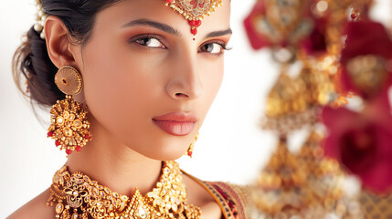 Beautiful indian bride wearing gold jewellery and makeup