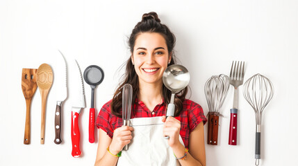 Canvas Print - Smiling woman holding a ladle, surrounded by cooking utensils