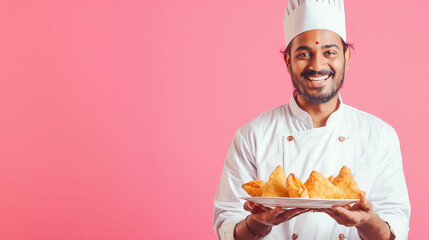 Poster - Young Indian male chef presenting a plate of samosa with sauce