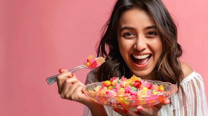 Sticker - Young woman enjoying a plate of vibrant sweet