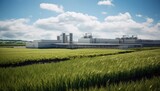 Fototapeta  - A modern bioenergy facility, a large factory building, stands prominently on a lush green field. The facility is surrounded by fields of crops, indicating an agricultural setting