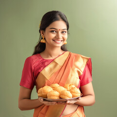 Wall Mural - Cheerful young indian woman in saree displaying a plate of delectable poori