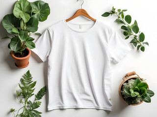 Poster - white t-shirt mock-up on a hanger design, flat lay, on a darn white background design, with plants nearby, aerial view.