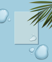 Realistic minimalist scene with tropical leaves and blue scene top view, 3d scene for cosmetics, vector