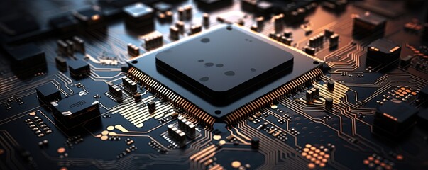 Poster - PU chip on circuit board. Black motherboard with central processor chip. Computer hardware tecnology